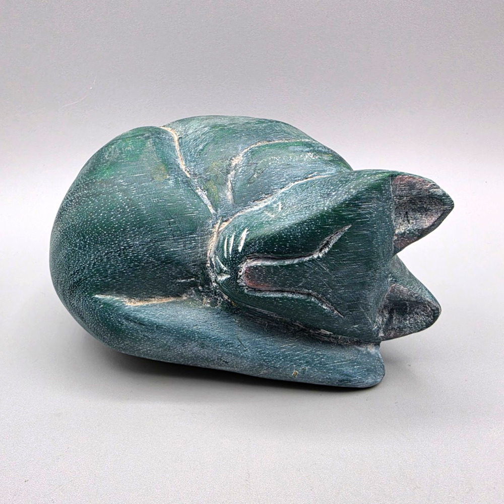 Hand Carved Wooden Sleeping Cat Fox Figurine Painted Green Gray Made in Taiwan